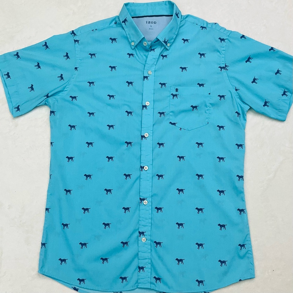 IZOD Dog Lover Print Blue Short Sleeve Casual Button Down Shirt Men’s Large